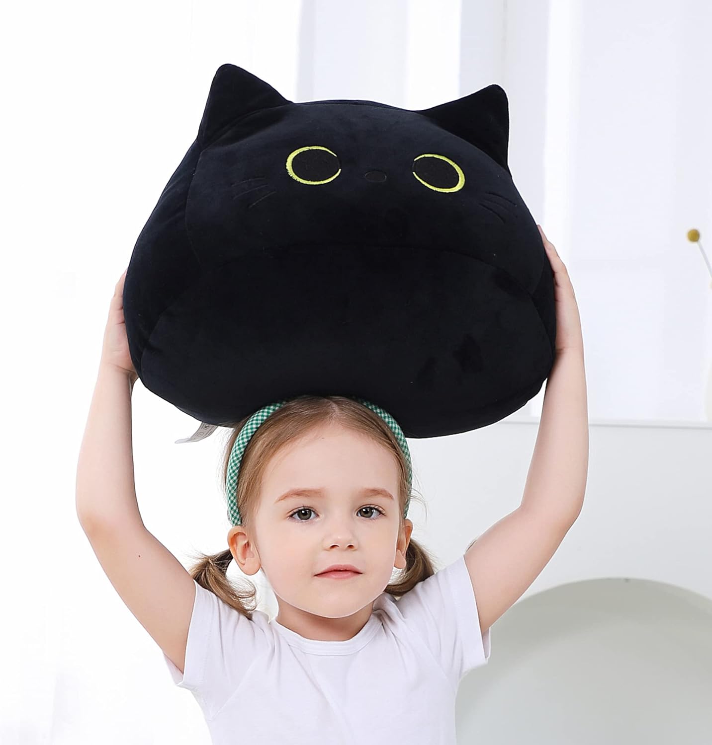 Black Cat Plush Toy 16'' Black Cat Pillow, Soft Plush Doll Black Cat Stuffed Animal, 3D Black Cat Plushies Pillow Baby Cute Plush Toys Shape Cat Design Sofa Fat Pillow Gifts for Boys Girls