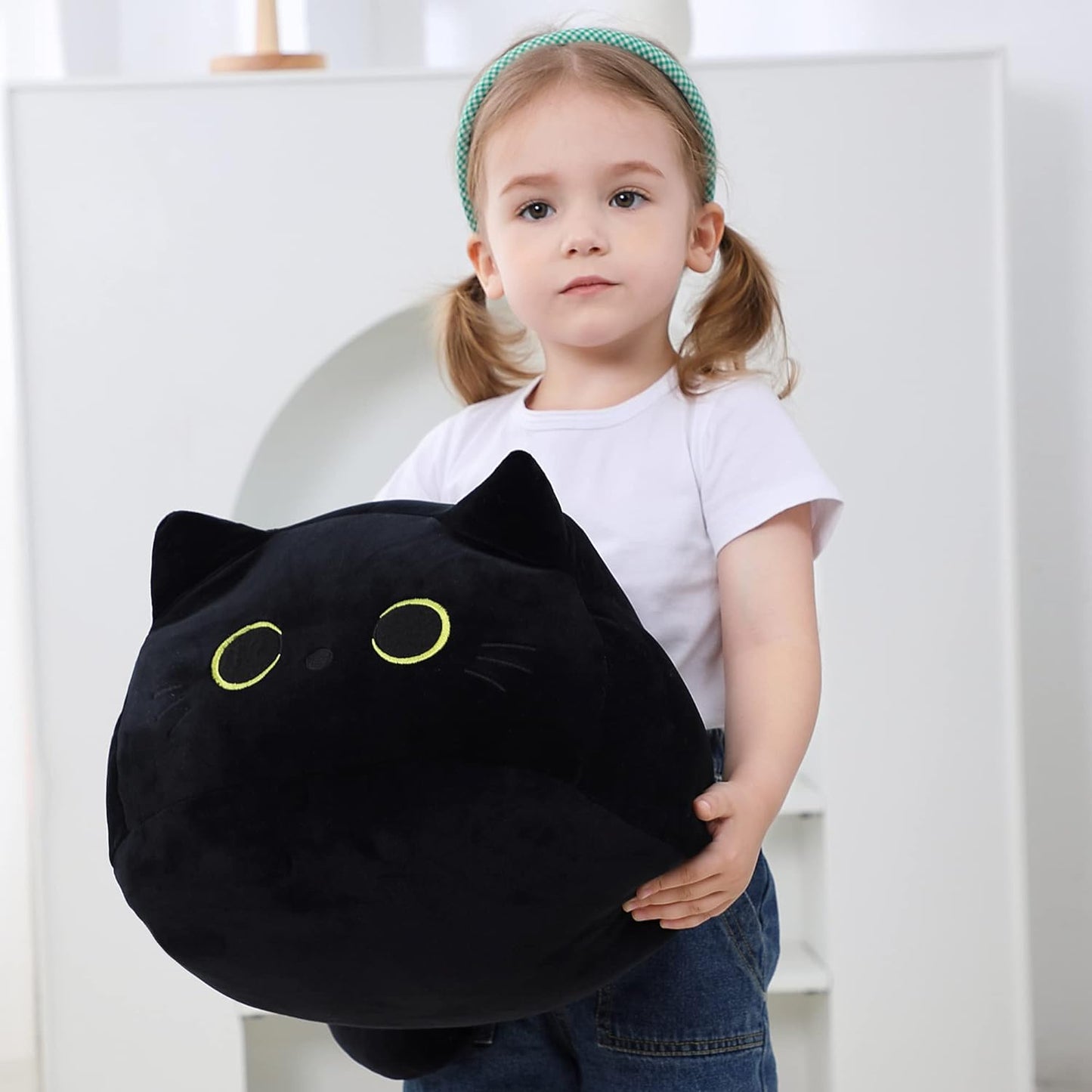 Black Cat Plush Toy 16'' Black Cat Pillow, Soft Plush Doll Black Cat Stuffed Animal, 3D Black Cat Plushies Pillow Baby Cute Plush Toys Shape Cat Design Sofa Fat Pillow Gifts for Boys Girls