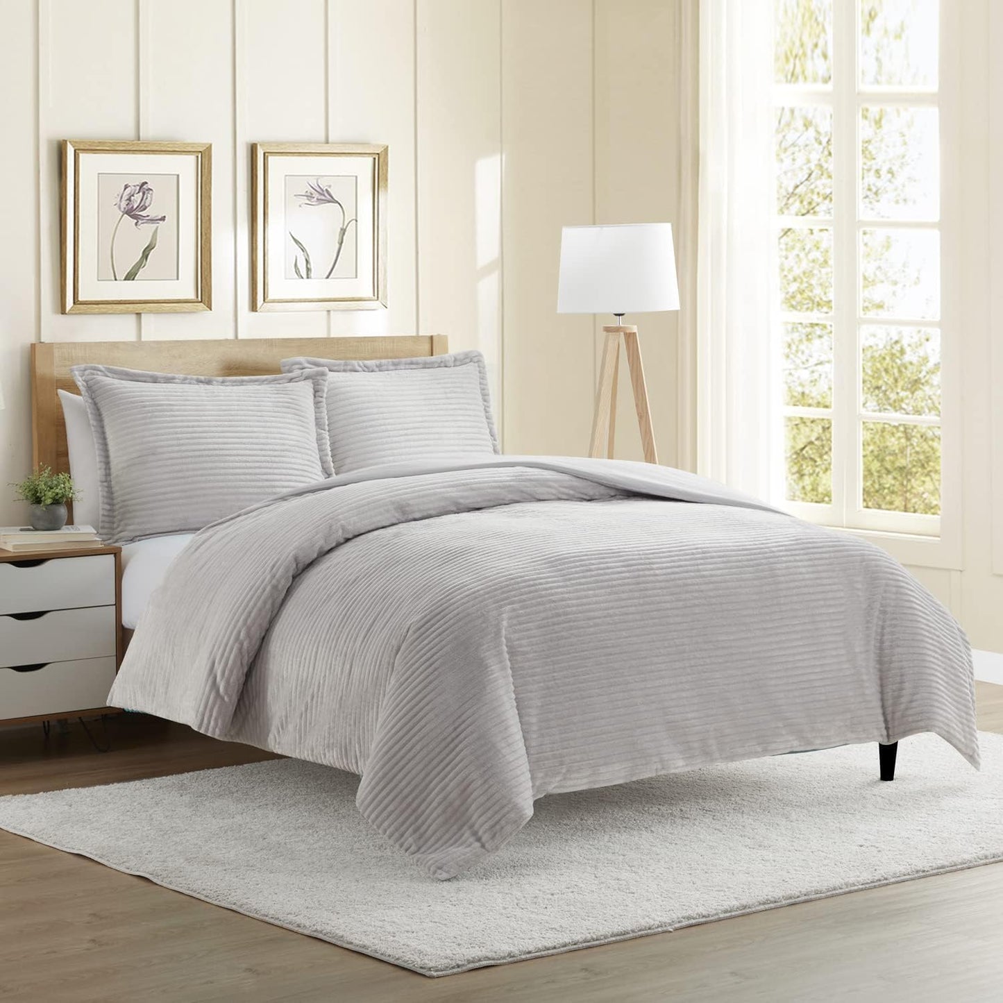 Hearth & Harbor Premium Flannel Duvet Cover Set - 3 PC Reversible Full Comforter Cover Set with Microfiber Back - 1 Velvet Duvet Cover Full & 2 Pillow Shams 80 x 90 inches - Charcoal Gray
