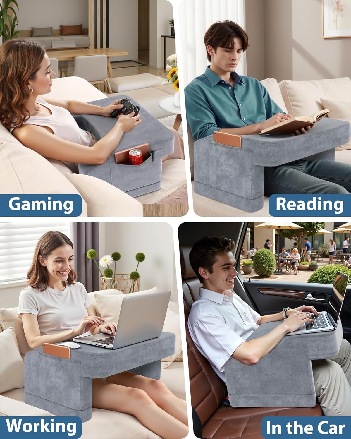 Reading Pillow Adjustable, Gaming Pillow for Laptop, Lap Desk Pillow with Pockets for Reading Gaming Working Playing Crocheting in Bed Floor Sofa Car