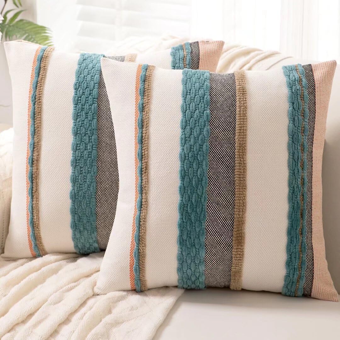 Boho Throw Pillow Covers 18x18 Set of 2 Farmhouse Decorative Cushion Case Striped Square Pillows Cover Chenille Pillow Cases Accent Neutral Pillowcase for Sofa Couch Bed,Sky Blue