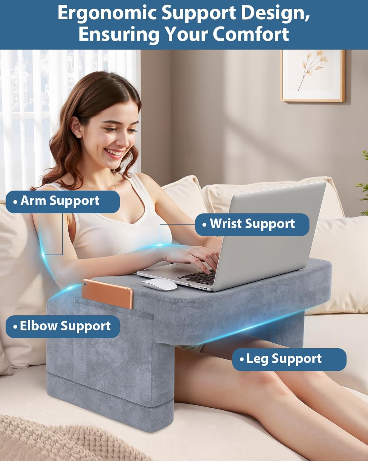 Reading Pillow Adjustable, Gaming Pillow for Laptop, Lap Desk Pillow with Pockets for Reading Gaming Working Playing Crocheting in Bed Floor Sofa Car