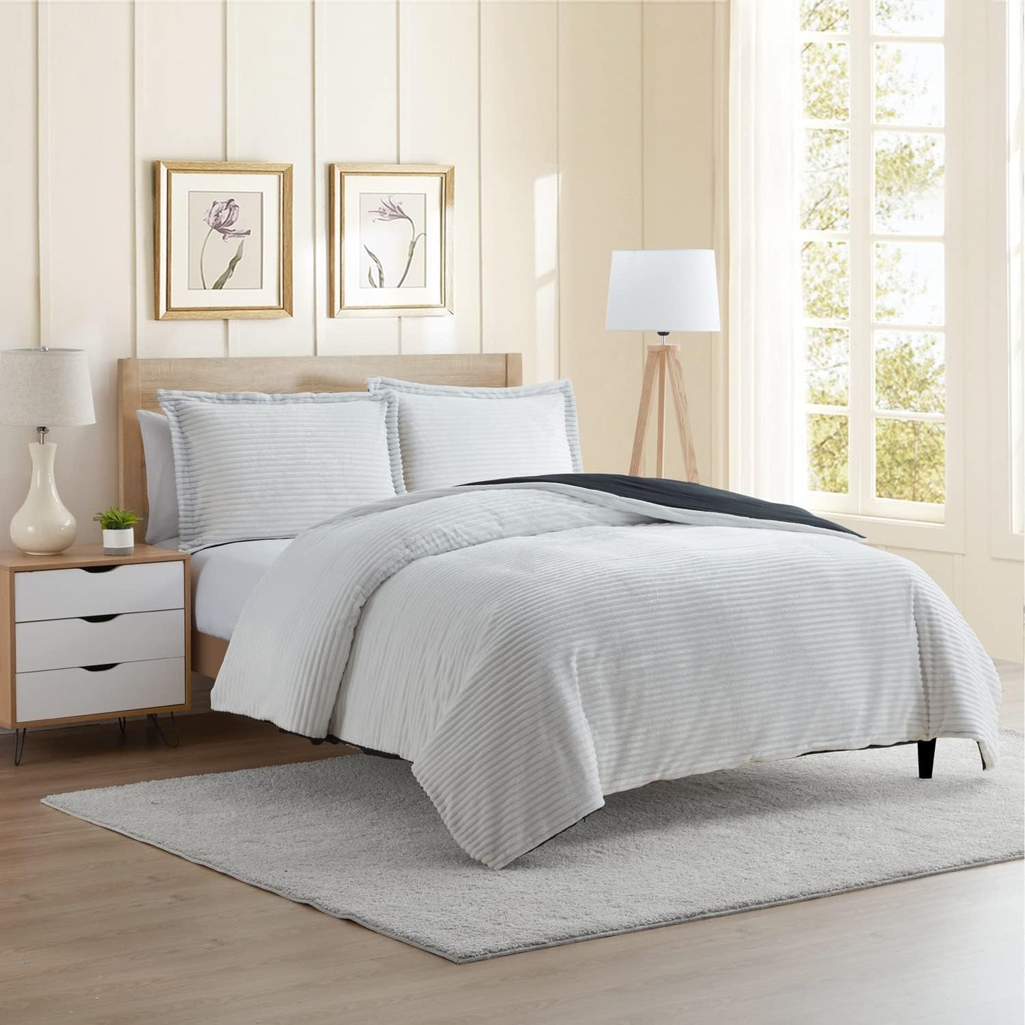 Hearth & Harbor Premium Flannel Duvet Cover Set - 3 PC Reversible Full Comforter Cover Set with Microfiber Back - 1 Velvet Duvet Cover Full & 2 Pillow Shams 80 x 90 inches - Charcoal Gray