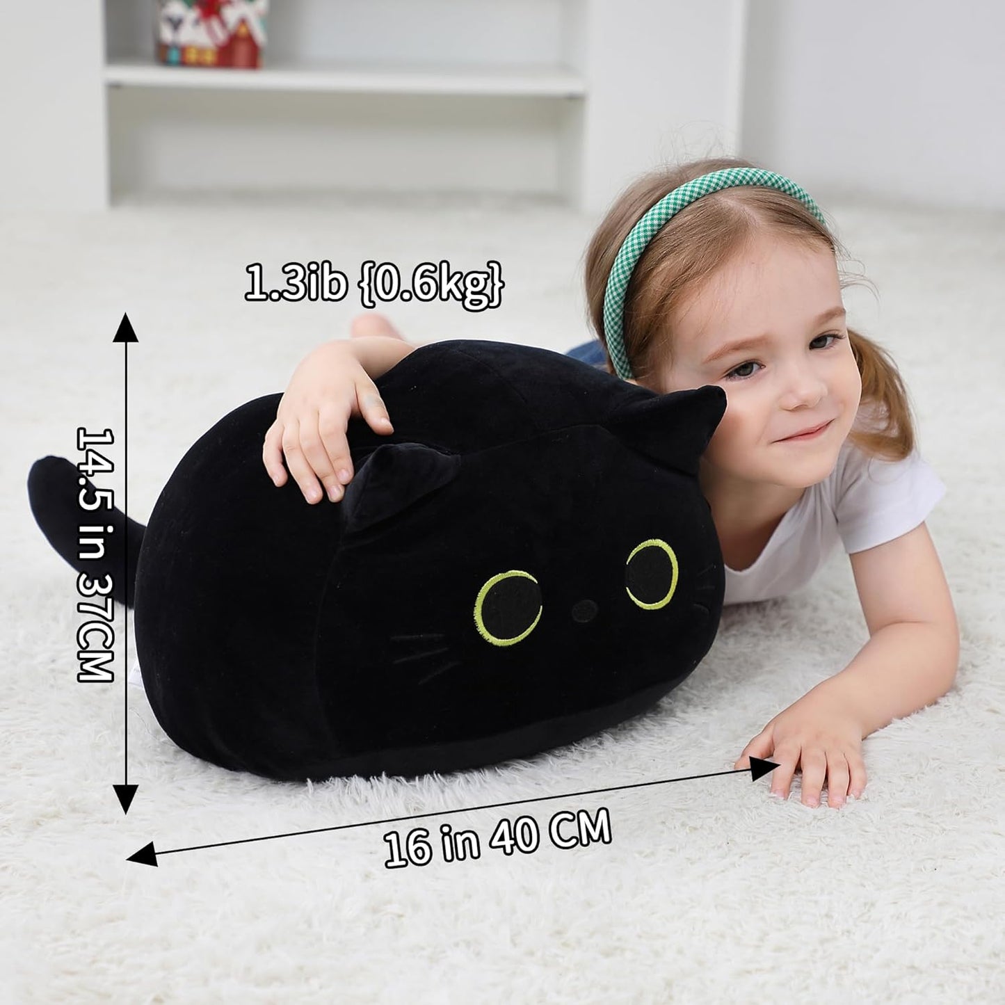 Black Cat Plush Toy 16'' Black Cat Pillow, Soft Plush Doll Black Cat Stuffed Animal, 3D Black Cat Plushies Pillow Baby Cute Plush Toys Shape Cat Design Sofa Fat Pillow Gifts for Boys Girls
