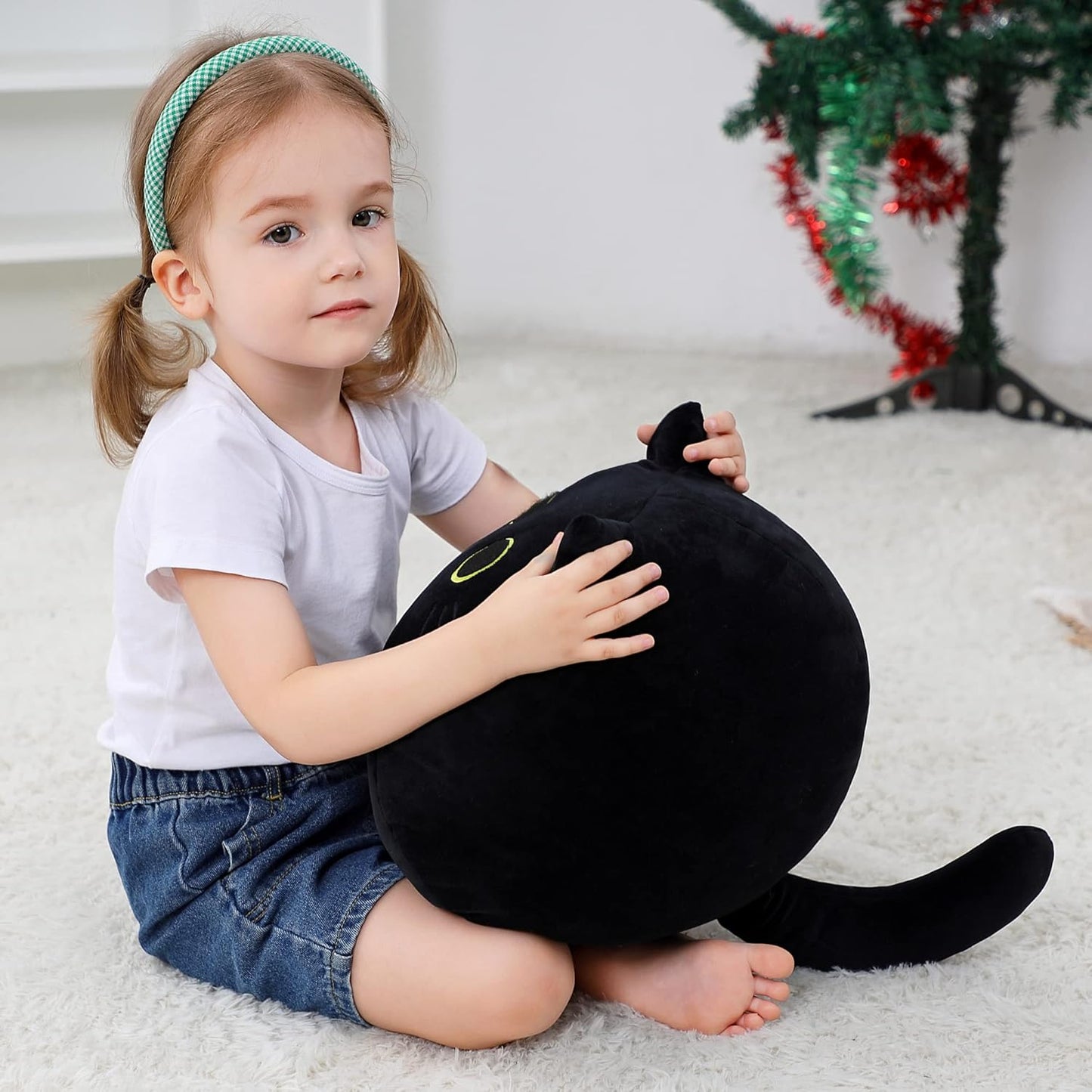 Black Cat Plush Toy 16'' Black Cat Pillow, Soft Plush Doll Black Cat Stuffed Animal, 3D Black Cat Plushies Pillow Baby Cute Plush Toys Shape Cat Design Sofa Fat Pillow Gifts for Boys Girls