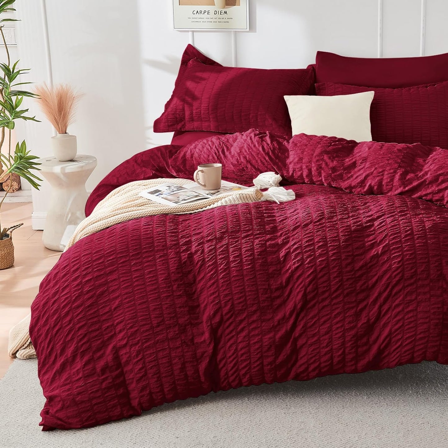 HYMOKEGE Beige Duvet Cover Queen Size, Ultra Soft 3-Piece Seersucker Duvet Cover Set with Zipper Closure, Soft Brushed Microfiber Bedding Set with 8 Corner Ties (90"x90", 2 Pillowshams)