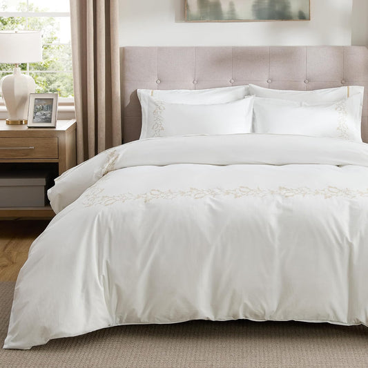 Bedsure Luxury Hotel Duvet Cover King Size, 100% White Cotton Curly Frame Bedding Set, Includes 1 Duvet Cover 104x90 Inches with Zipper Closure & 2 Pillow Shams, Comforter Sold Separately
