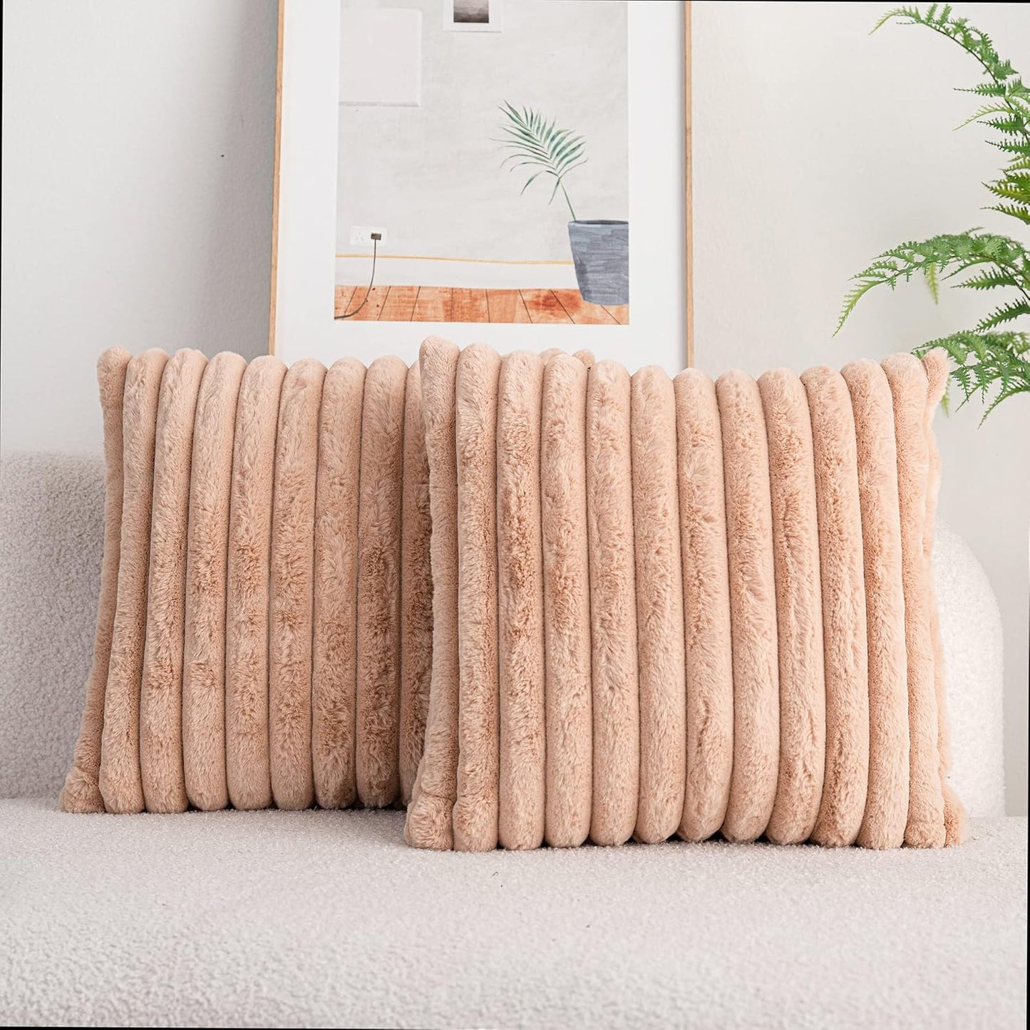 DEELAND Pack of 2,Double-Sided Faux Fur Plush Decorative Throw Pillow Covers Fuzzy Striped Soft Pillowcase Cushion Covers for Sofa Couch Bedroom Home, Cream White
