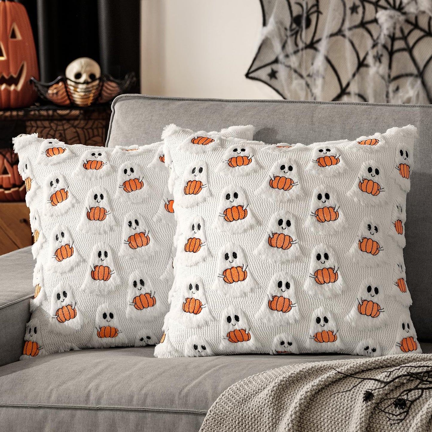 MIULEE Halloween Pillow Covers Decorative Fall Cute Ghost Plush Faux Fur Pillows 20x20 Inch Set of 2 Soft Pumpkin Accents for Sofa Couch Bed Living Room Festive Home Decor, White Rust