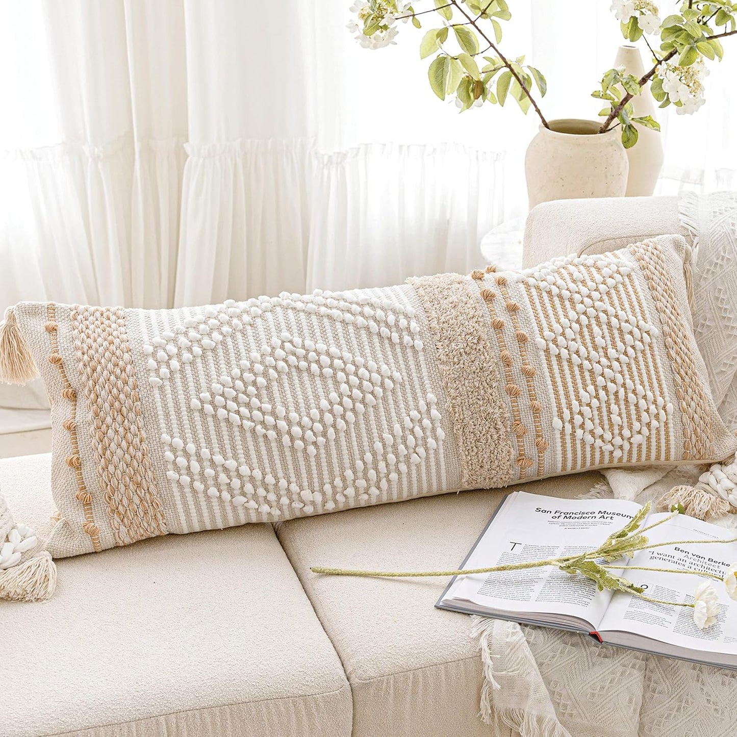 Gray Decorative Lumbar Pillow Cover 14x36, Boho Long Throw Pillow for Bed, Accent Lumbar Throw Pillow Case, Modern Farmhouse Textured Lumbar Cushion (Cover ONLY)