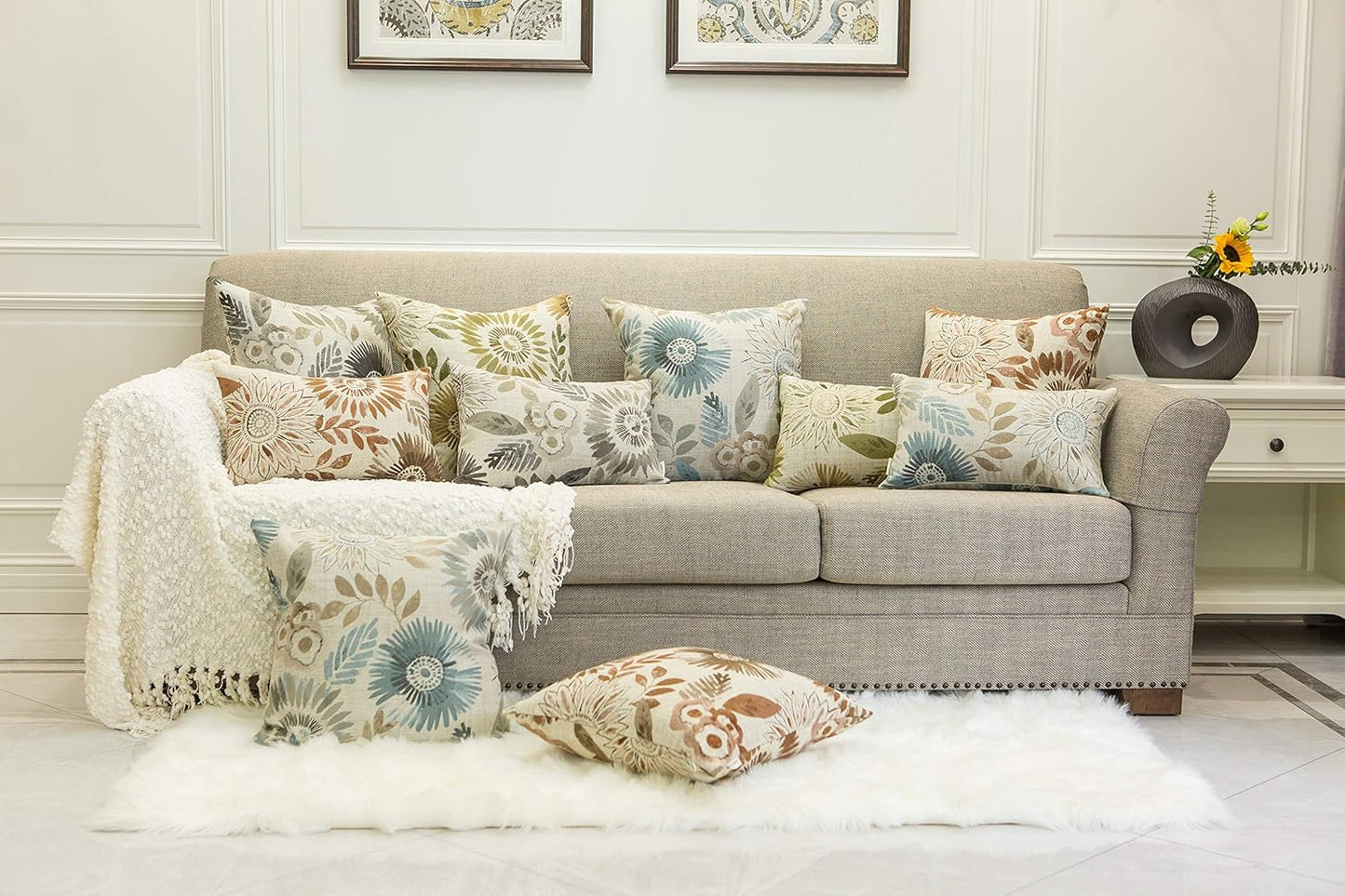 Pack of 2 Decorative Throw Pillows Cases Cushion Cover for Sofa Couch Bed,Sunflower Pattern,20x20 Inches,Blue Cream