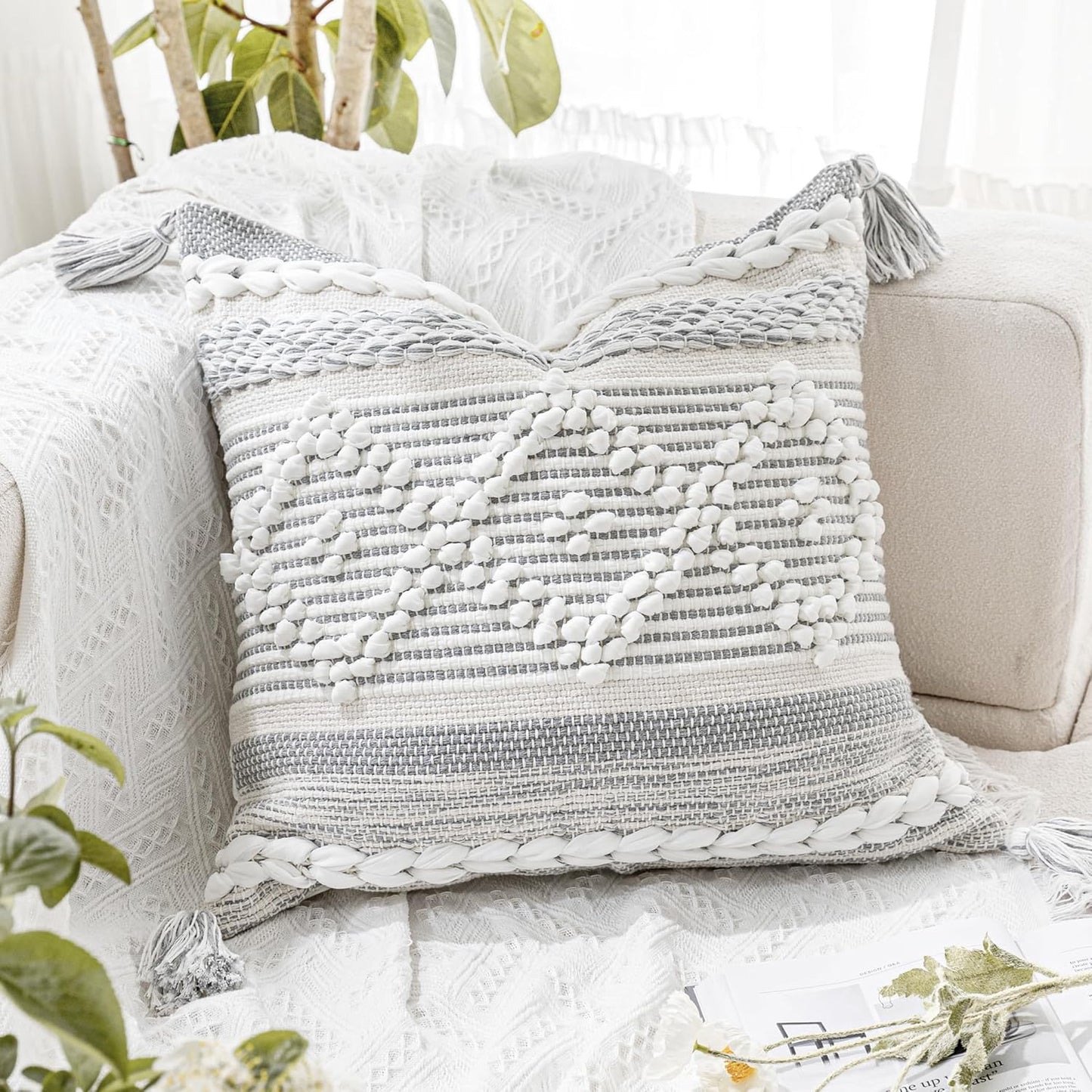 Gray Decorative Lumbar Pillow Cover 14x36, Boho Long Throw Pillow for Bed, Accent Lumbar Throw Pillow Case, Modern Farmhouse Textured Lumbar Cushion (Cover ONLY)