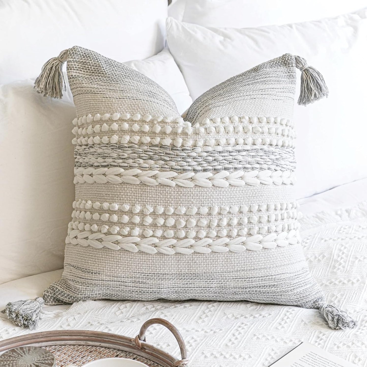 Gray Decorative Lumbar Pillow Cover 14x36, Boho Long Throw Pillow for Bed, Accent Lumbar Throw Pillow Case, Modern Farmhouse Textured Lumbar Cushion (Cover ONLY)