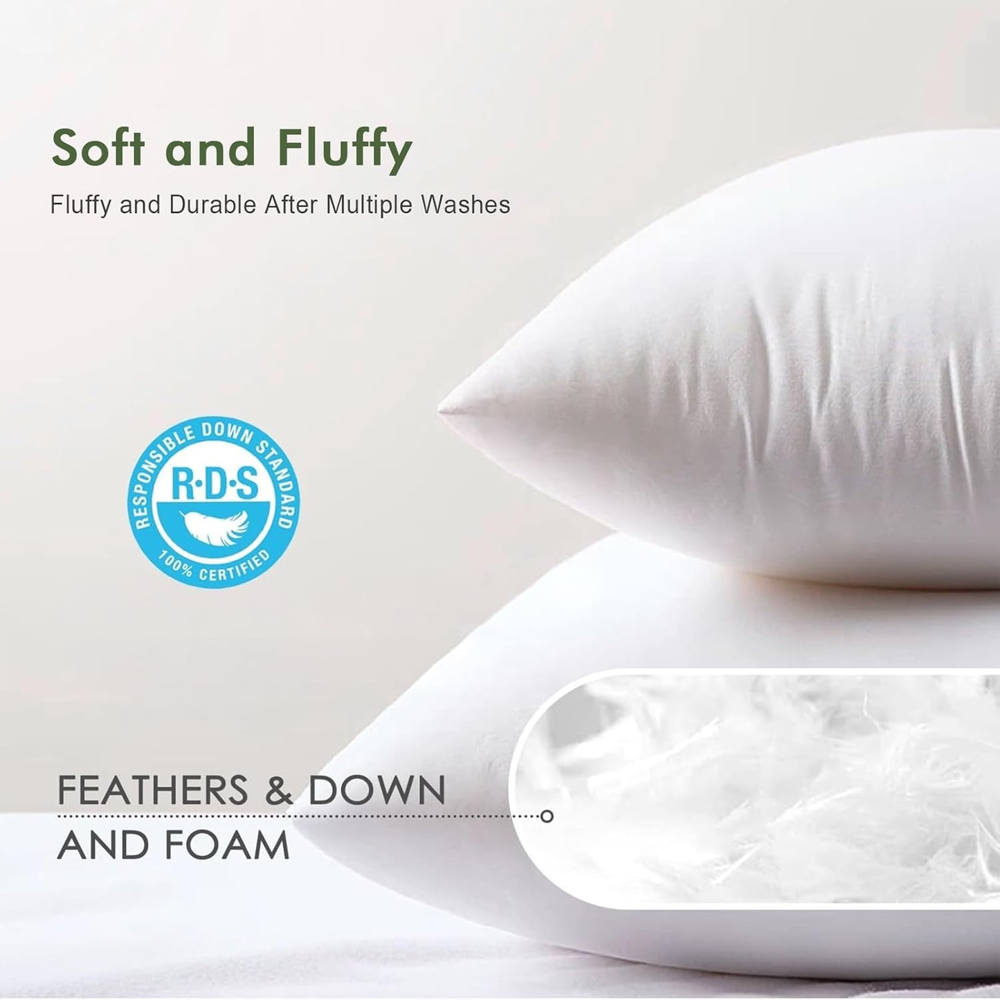 Feathers Down Throw Pillow Inserts 22x22, Set of 2, 100% Organic Cotton Shell, Soft Decorative Square Pillows Insert for Living Room Sofa, Couch, or Bed (White)