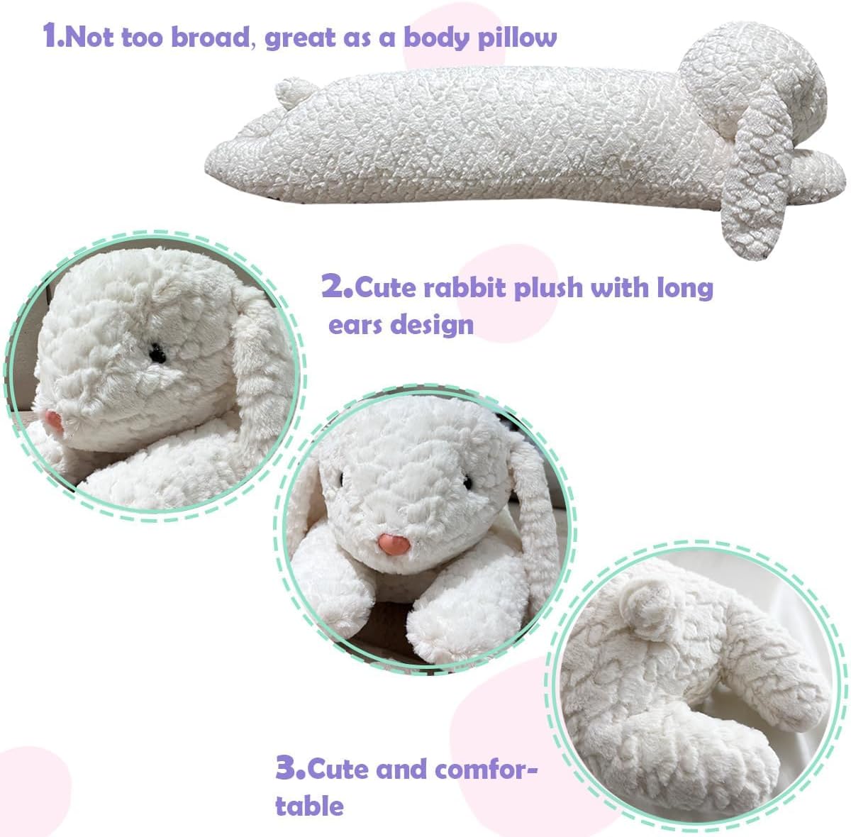 Hofun4U Rabbit Plush Pillow, Rabbit Stuffed Animal, Rabbit Plush Long Body Pillow for Kids Adults (White,35 inch)