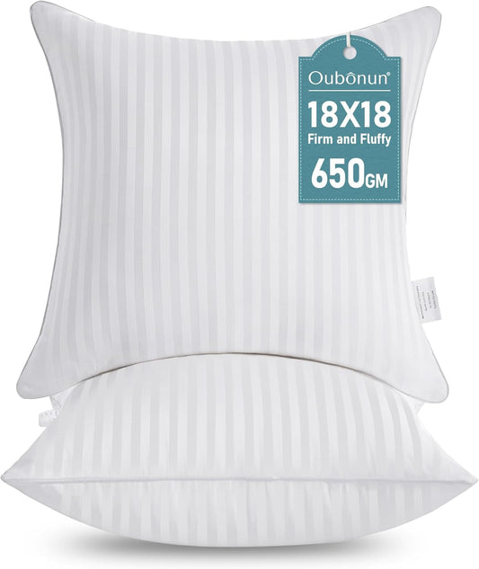Oubonun 18 x 18 Throw Pillow Inserts, Firm and Fluffy Decorative Square Pillows for Couch Bed Sofa with Soft Cotton Cover White Cushion with Down Alternative Pack of 2