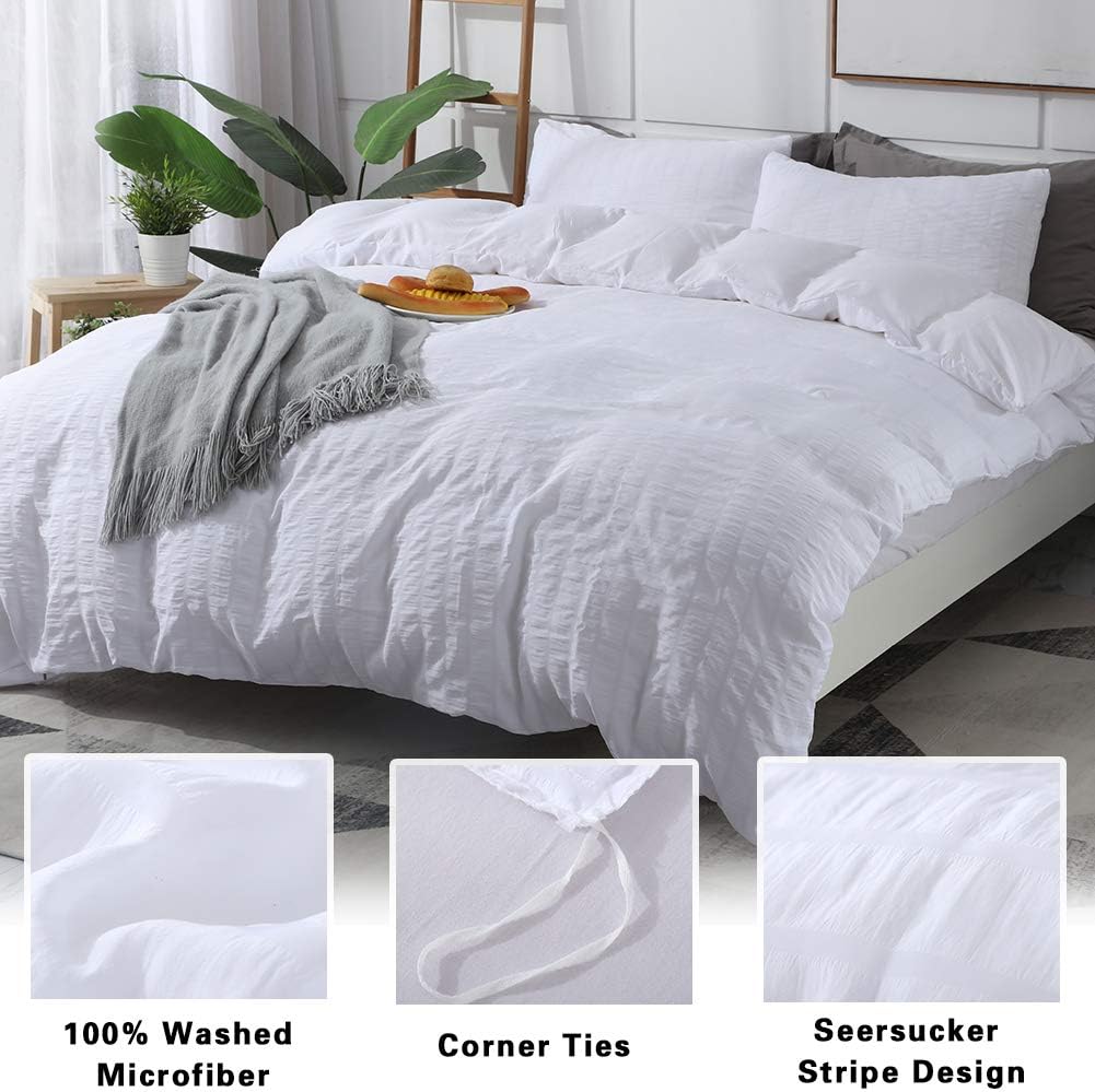 AveLom White Duvet Cover King (104 x 90 inches), 3 Pieces (1 Duvet Cover + 2 Pillow Cases), Seersucker Textured Ultra Soft Washed Microfiber, Textured Duvet Cover with Zipper Closure, Corner Ties