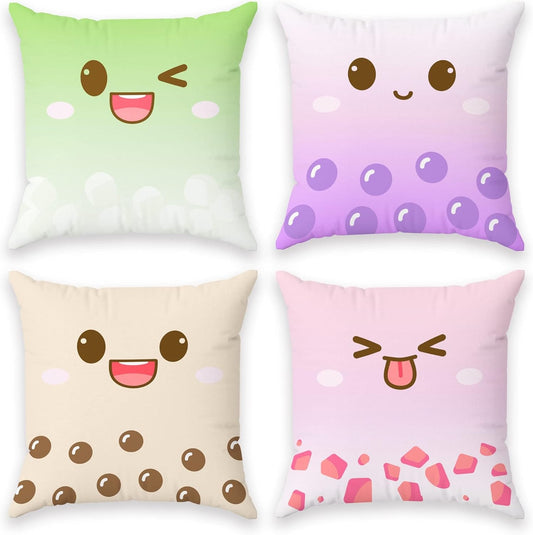 BelugaDesign Cute Throw Pillow Cushion Cases | 4 Pack Boba Bubble Tea Anime Cartoon Chibi Faces | Kawaii Decorative Living Room Decor Set | Soft Plush Decorative Pillows (18x18, 4 Multi-Color)