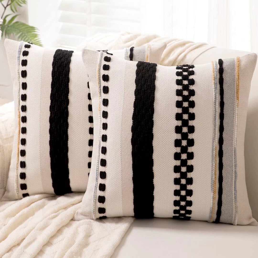 Boho Throw Pillow Covers 18x18 Set of 2 Farmhouse Decorative Cushion Case Striped Square Pillows Cover Chenille Pillow Cases Accent Neutral Pillowcase for Sofa Couch Bed,Sky Blue