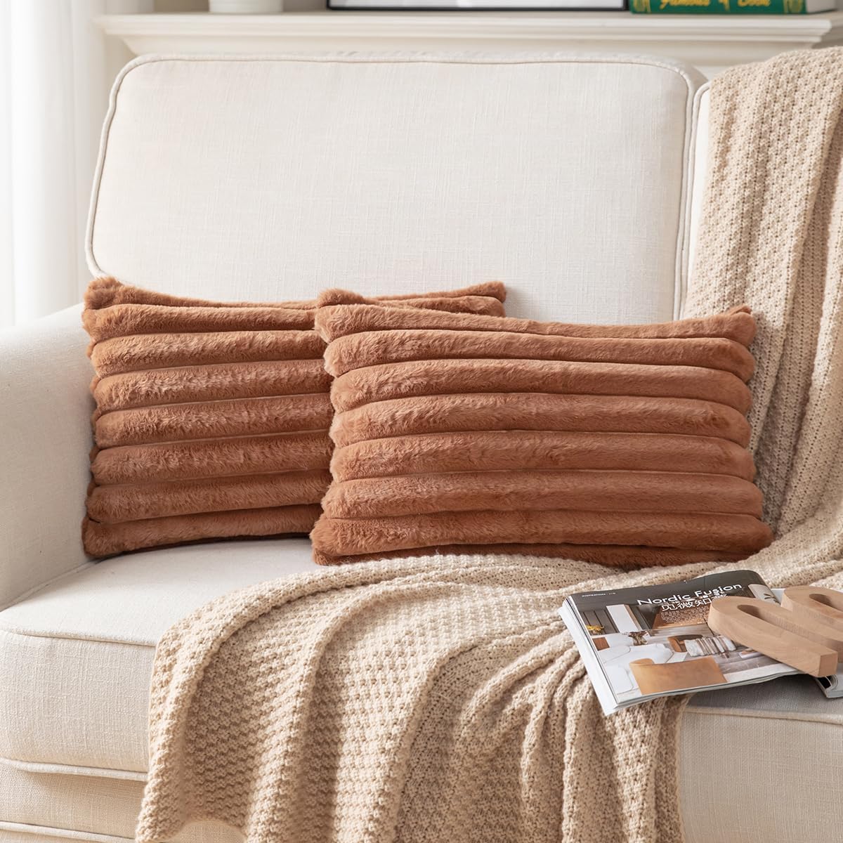 DEELAND Pack of 2,Double-Sided Faux Fur Plush Decorative Throw Pillow Covers Fuzzy Striped Soft Pillowcase Cushion Covers for Sofa Couch Bedroom Home, Cream White