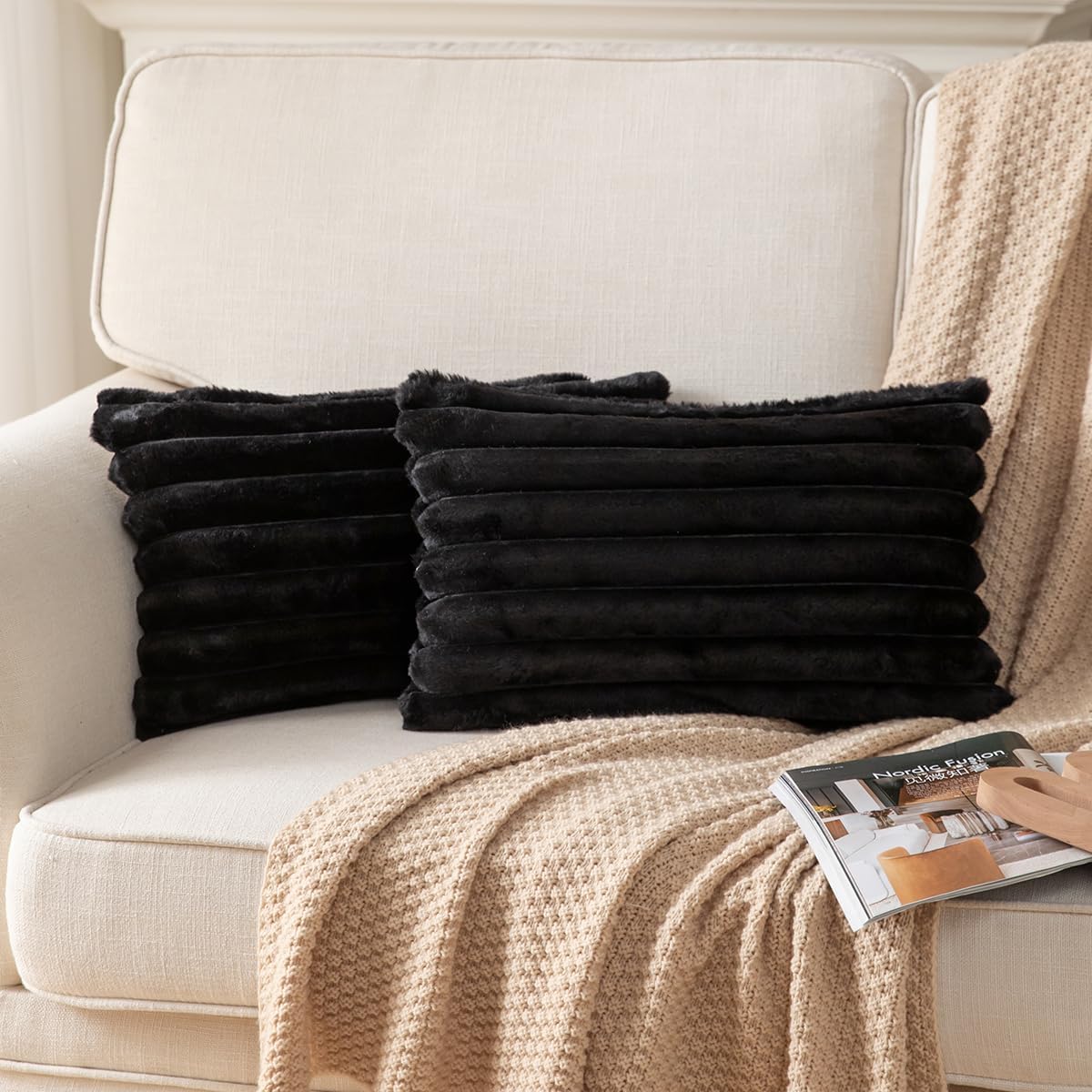 DEELAND Pack of 2,Double-Sided Faux Fur Plush Decorative Throw Pillow Covers Fuzzy Striped Soft Pillowcase Cushion Covers for Sofa Couch Bedroom Home, Cream White