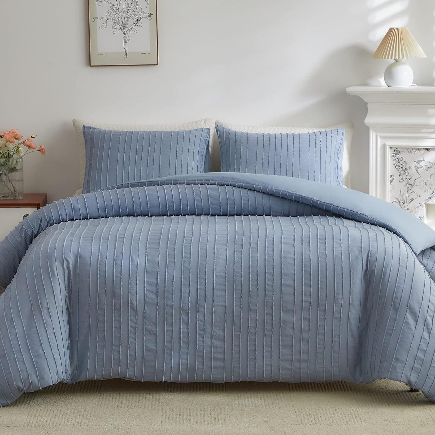 WARMDERN White Boho Duvet Cover Set King Size, Striped Textured Duvet Cover Tufted Bedding Set, 3 Pcs Ultra Soft Washed Microfiber Duvet Cover with Zipper Closure (King, White)