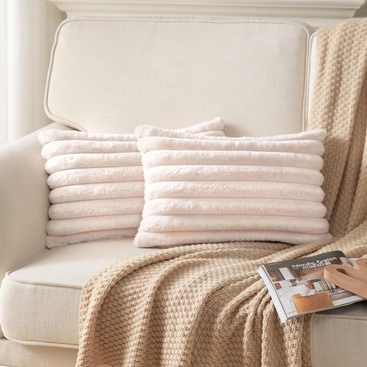 DEELAND Pack of 2,Double-Sided Faux Fur Plush Decorative Throw Pillow Covers Fuzzy Striped Soft Pillowcase Cushion Covers for Sofa Couch Bedroom Home, Cream White