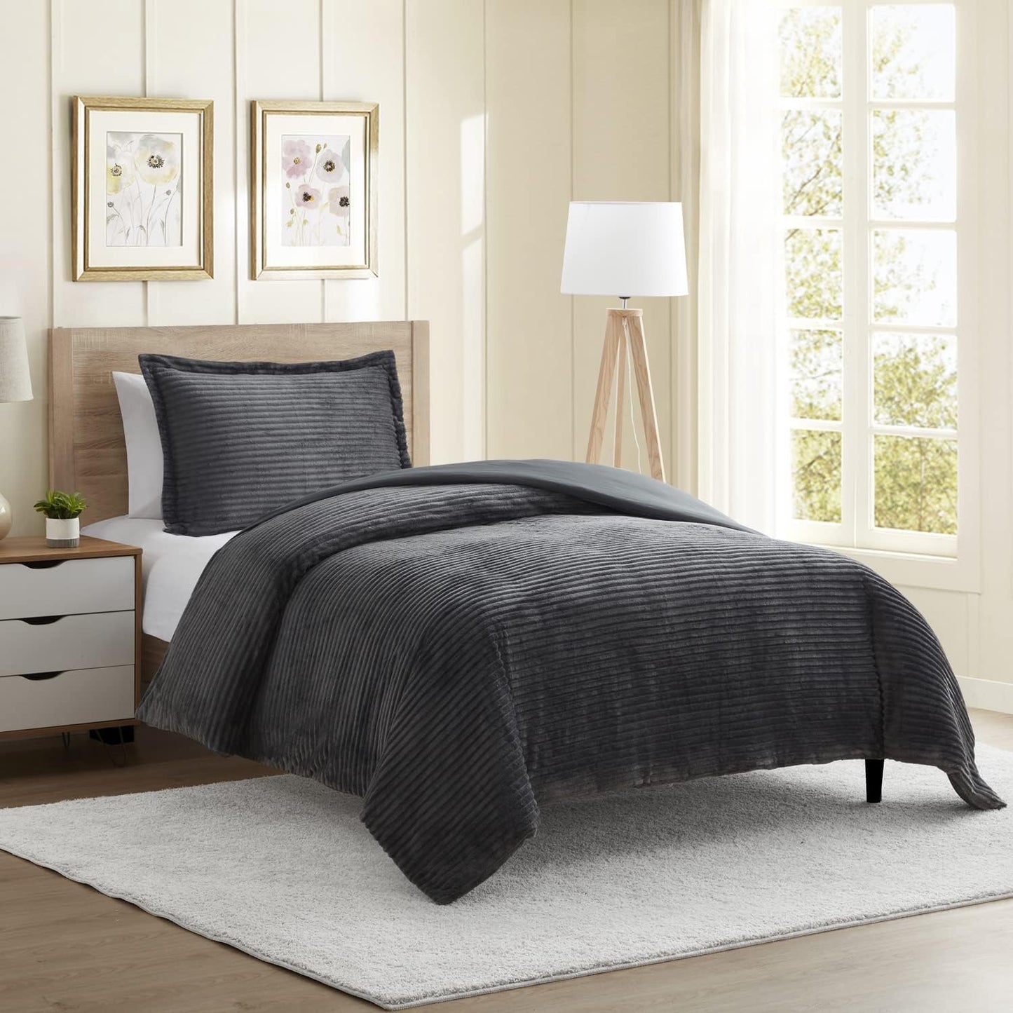 Hearth & Harbor Premium Flannel Duvet Cover Set - 3 PC Reversible Full Comforter Cover Set with Microfiber Back - 1 Velvet Duvet Cover Full & 2 Pillow Shams 80 x 90 inches - Charcoal Gray
