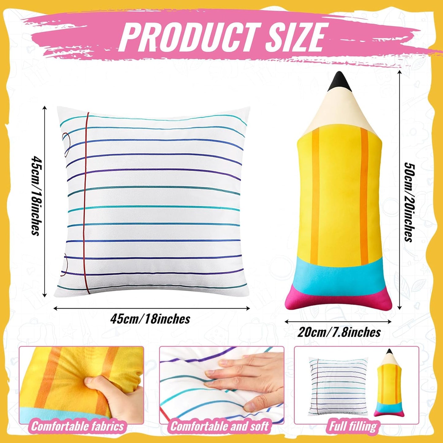 2 Pcs Cute Pencil Notebook Pillows Back to School Classroom Gift Large Plush Throw Pillow Creative Cute Reading Room Sofa Decoration for Back to School Birthday Gift