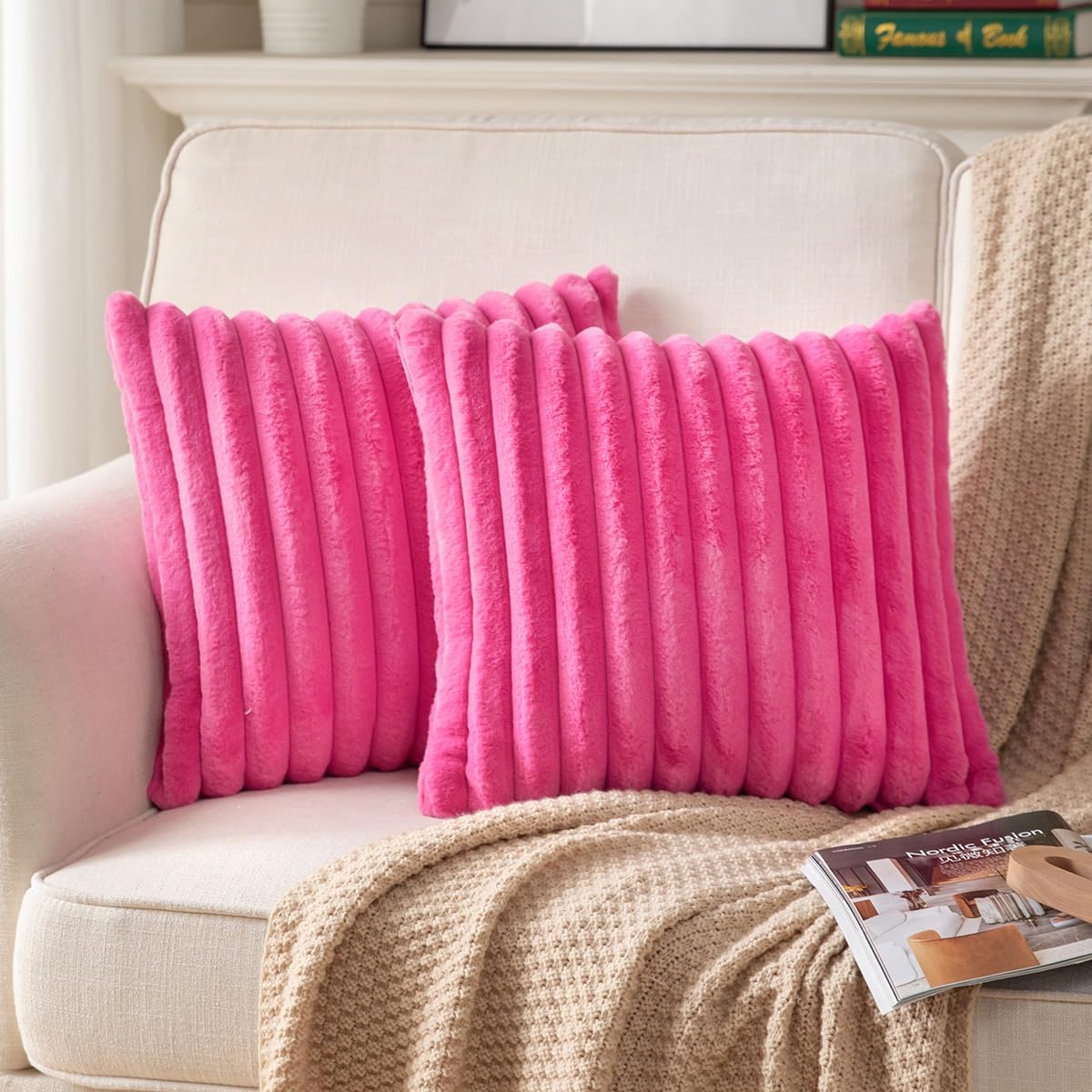 DEELAND Pack of 2,Double-Sided Faux Fur Plush Decorative Throw Pillow Covers Fuzzy Striped Soft Pillowcase Cushion Covers for Sofa Couch Bedroom Home, Cream White