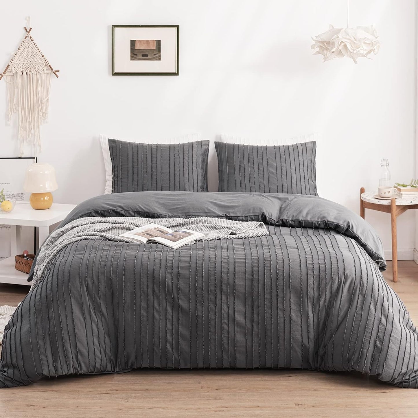 WARMDERN White Boho Duvet Cover Set King Size, Striped Textured Duvet Cover Tufted Bedding Set, 3 Pcs Ultra Soft Washed Microfiber Duvet Cover with Zipper Closure (King, White)