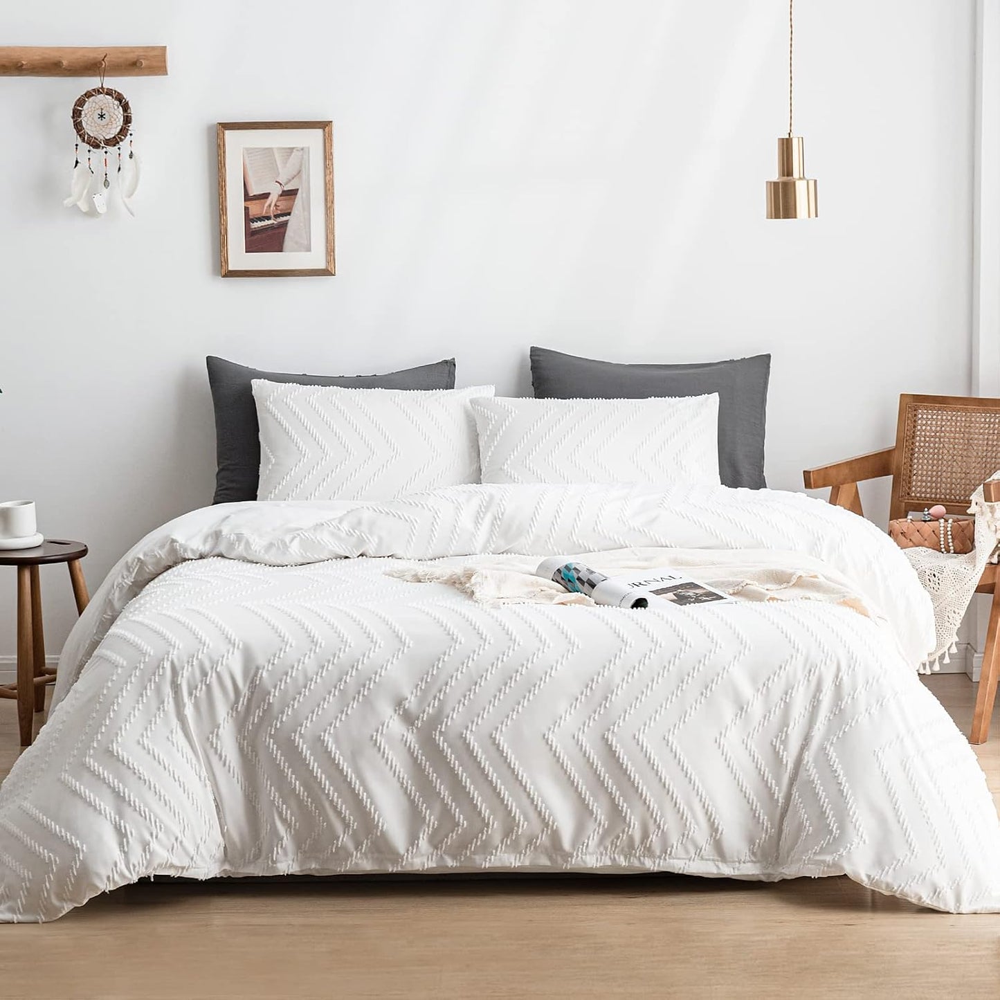 WARMDERN White Boho Duvet Cover Set King Size, Striped Textured Duvet Cover Tufted Bedding Set, 3 Pcs Ultra Soft Washed Microfiber Duvet Cover with Zipper Closure (King, White)
