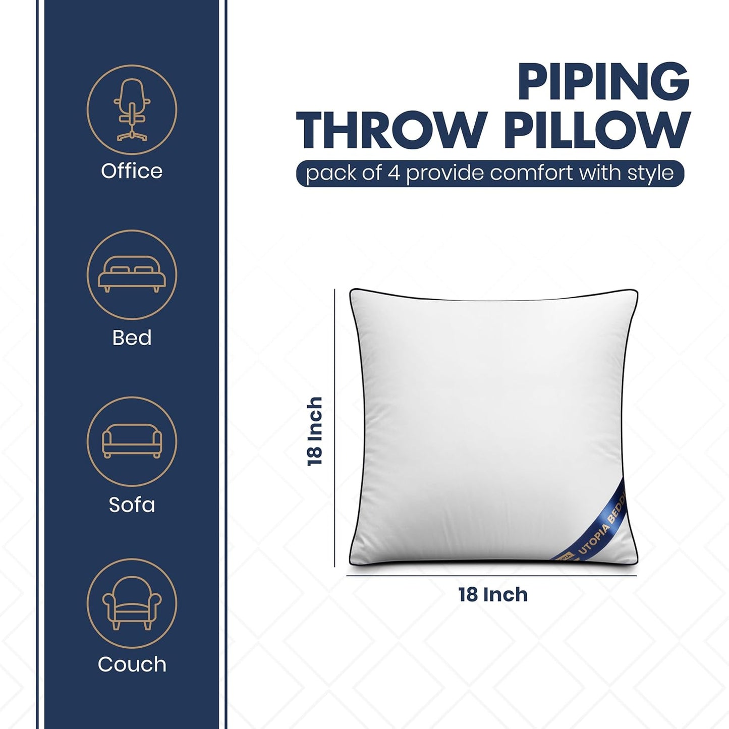 Utopia Bedding Throw Pillow Inserts (Pack of 4, White), 18 x 18 Inches Decorative Indoor Pillows for Sofa, Bed, Couch, Cushion Sham Stuffer