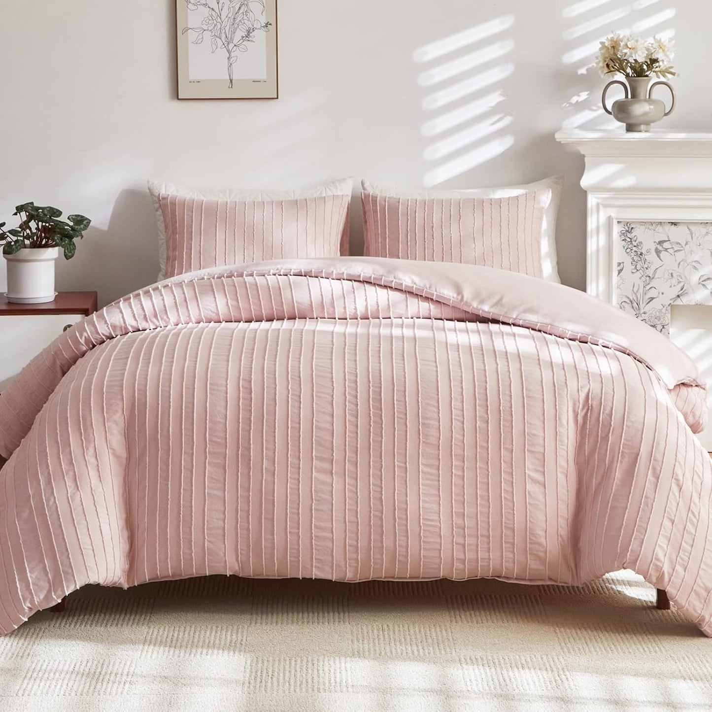 WARMDERN White Boho Duvet Cover Set King Size, Striped Textured Duvet Cover Tufted Bedding Set, 3 Pcs Ultra Soft Washed Microfiber Duvet Cover with Zipper Closure (King, White)