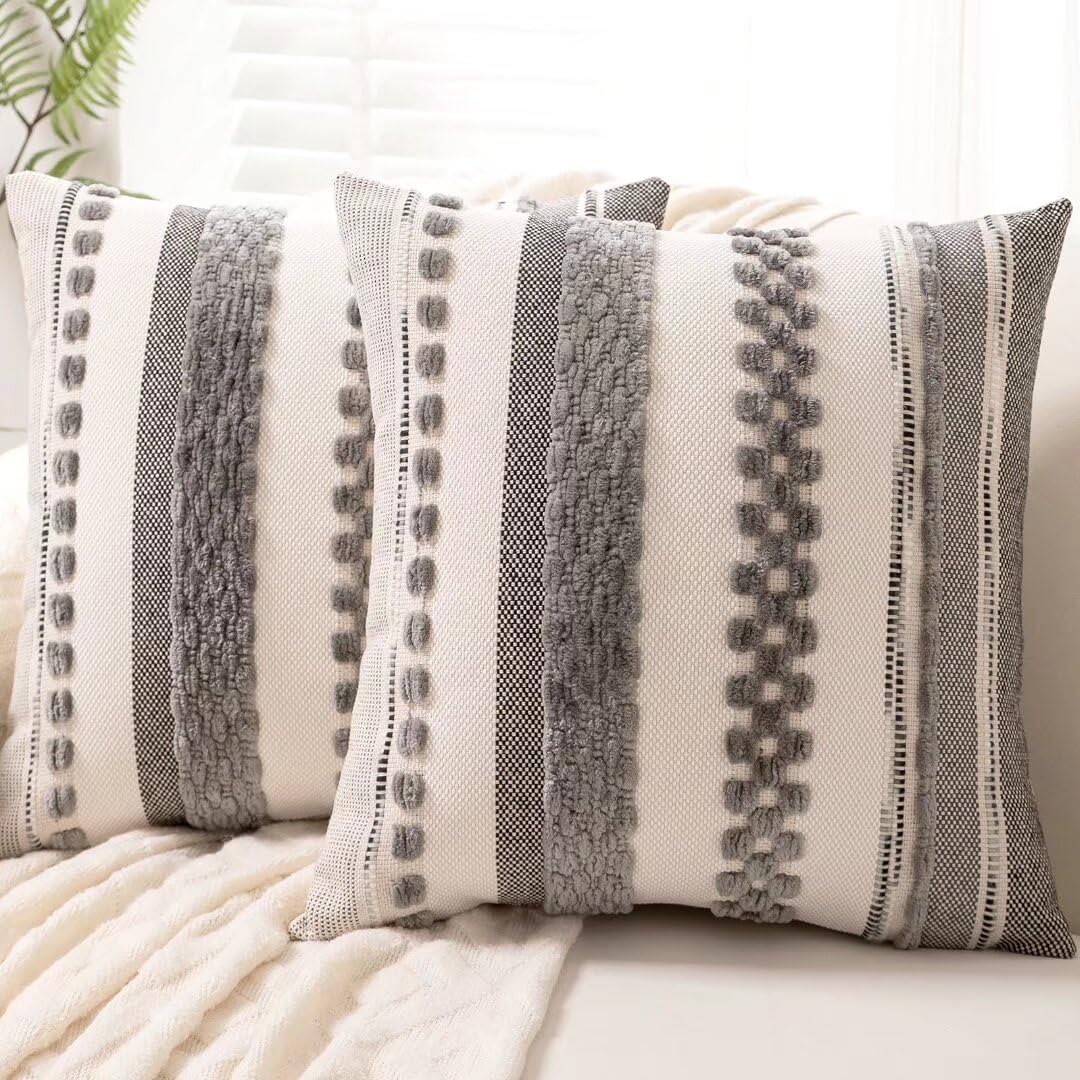 Boho Throw Pillow Covers 18x18 Set of 2 Farmhouse Decorative Cushion Case Striped Square Pillows Cover Chenille Pillow Cases Accent Neutral Pillowcase for Sofa Couch Bed,Sky Blue
