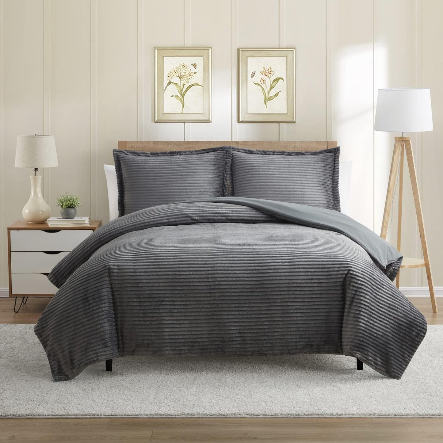 Hearth & Harbor Premium Flannel Duvet Cover Set - 3 PC Reversible Full Comforter Cover Set with Microfiber Back - 1 Velvet Duvet Cover Full & 2 Pillow Shams 80 x 90 inches - Charcoal Gray