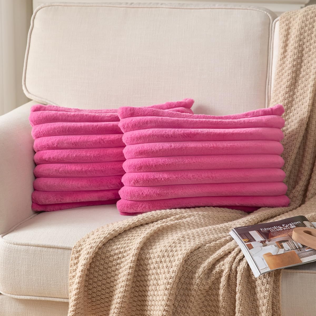 DEELAND Pack of 2,Double-Sided Faux Fur Plush Decorative Throw Pillow Covers Fuzzy Striped Soft Pillowcase Cushion Covers for Sofa Couch Bedroom Home, Cream White