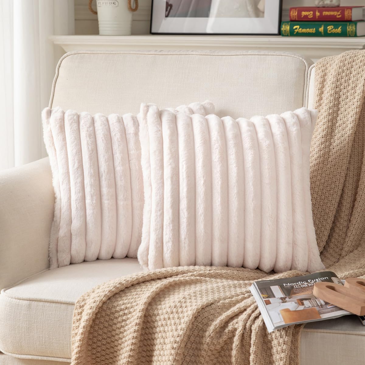 DEELAND Pack of 2,Double-Sided Faux Fur Plush Decorative Throw Pillow Covers Fuzzy Striped Soft Pillowcase Cushion Covers for Sofa Couch Bedroom Home, Cream White