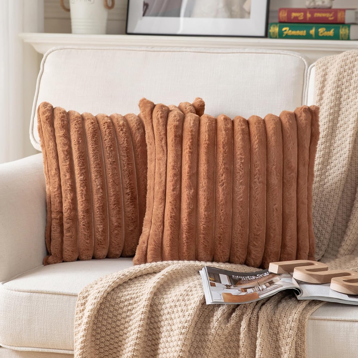 DEELAND Pack of 2,Double-Sided Faux Fur Plush Decorative Throw Pillow Covers Fuzzy Striped Soft Pillowcase Cushion Covers for Sofa Couch Bedroom Home, Cream White