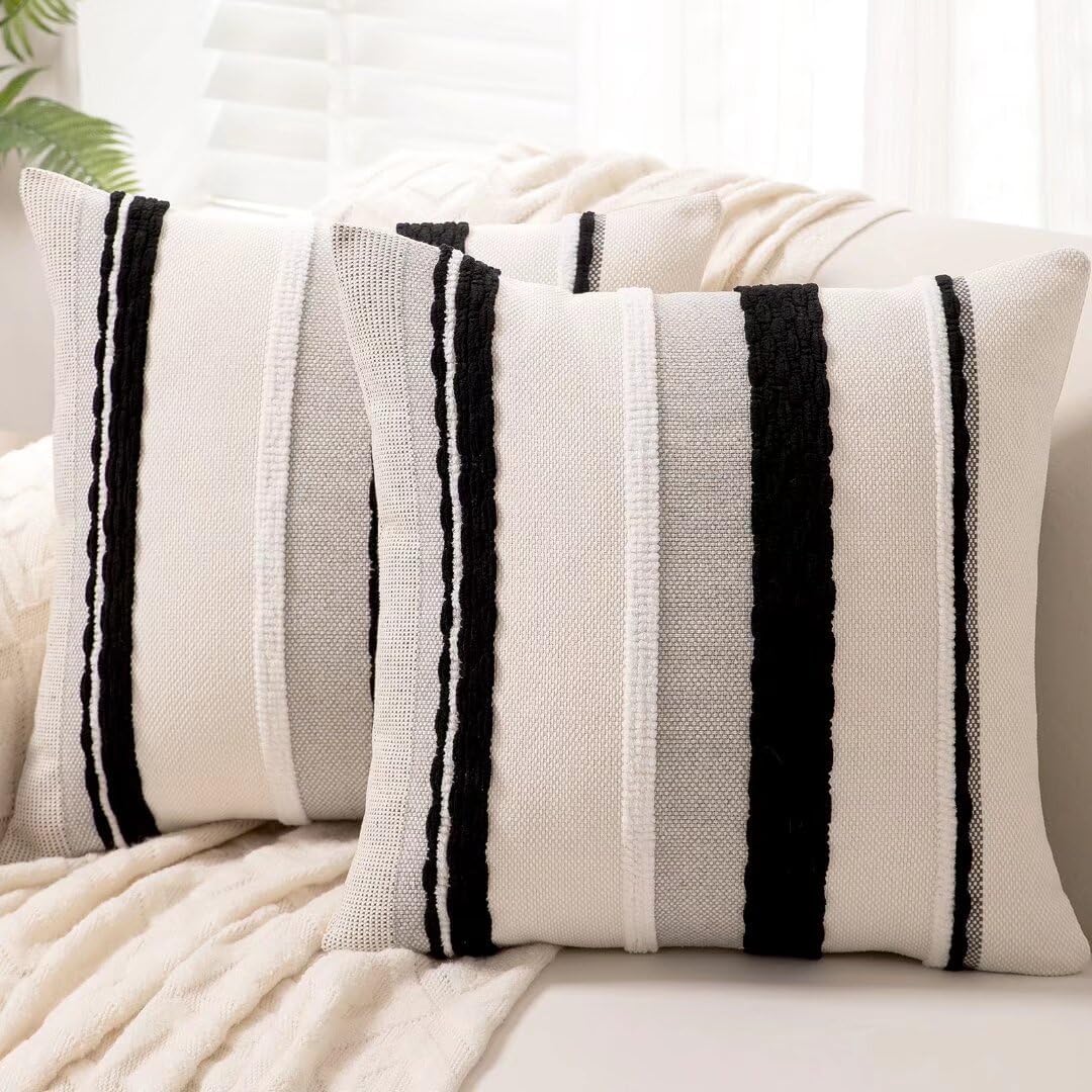 Boho Throw Pillow Covers 18x18 Set of 2 Farmhouse Decorative Cushion Case Striped Square Pillows Cover Chenille Pillow Cases Accent Neutral Pillowcase for Sofa Couch Bed,Sky Blue
