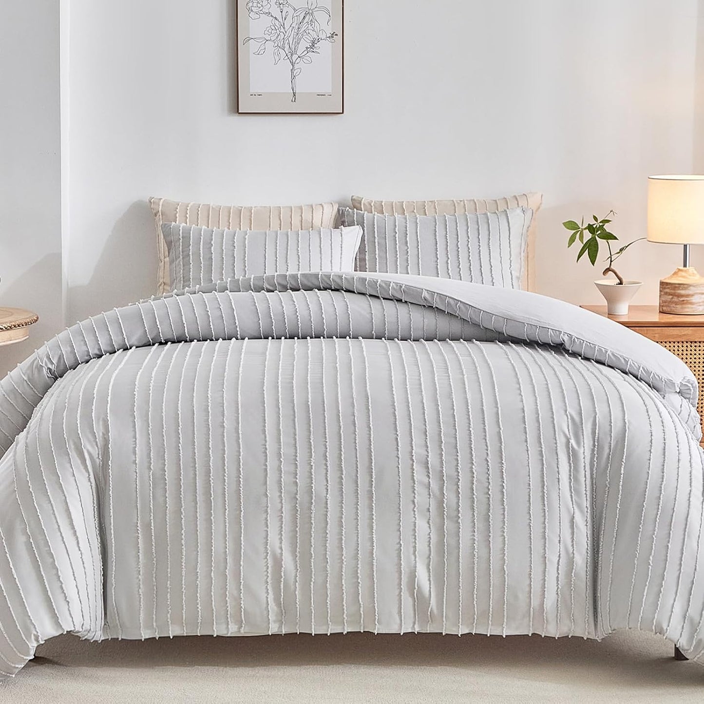 WARMDERN White Boho Duvet Cover Set King Size, Striped Textured Duvet Cover Tufted Bedding Set, 3 Pcs Ultra Soft Washed Microfiber Duvet Cover with Zipper Closure (King, White)