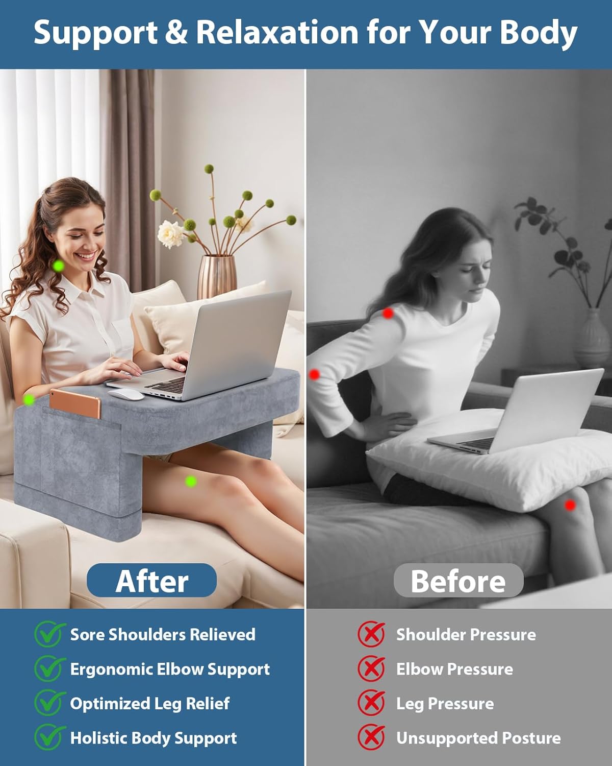 Reading Pillow Adjustable, Gaming Pillow for Laptop, Lap Desk Pillow with Pockets for Reading Gaming Working Playing Crocheting in Bed Floor Sofa Car