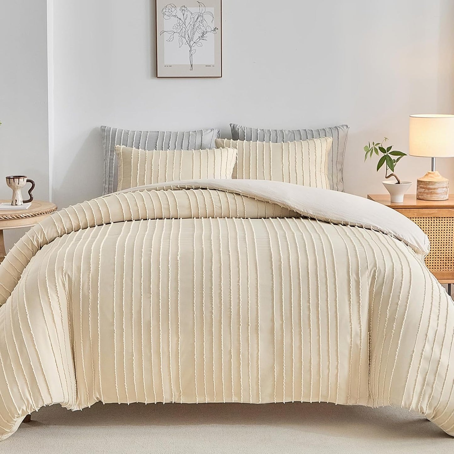 WARMDERN White Boho Duvet Cover Set King Size, Striped Textured Duvet Cover Tufted Bedding Set, 3 Pcs Ultra Soft Washed Microfiber Duvet Cover with Zipper Closure (King, White)
