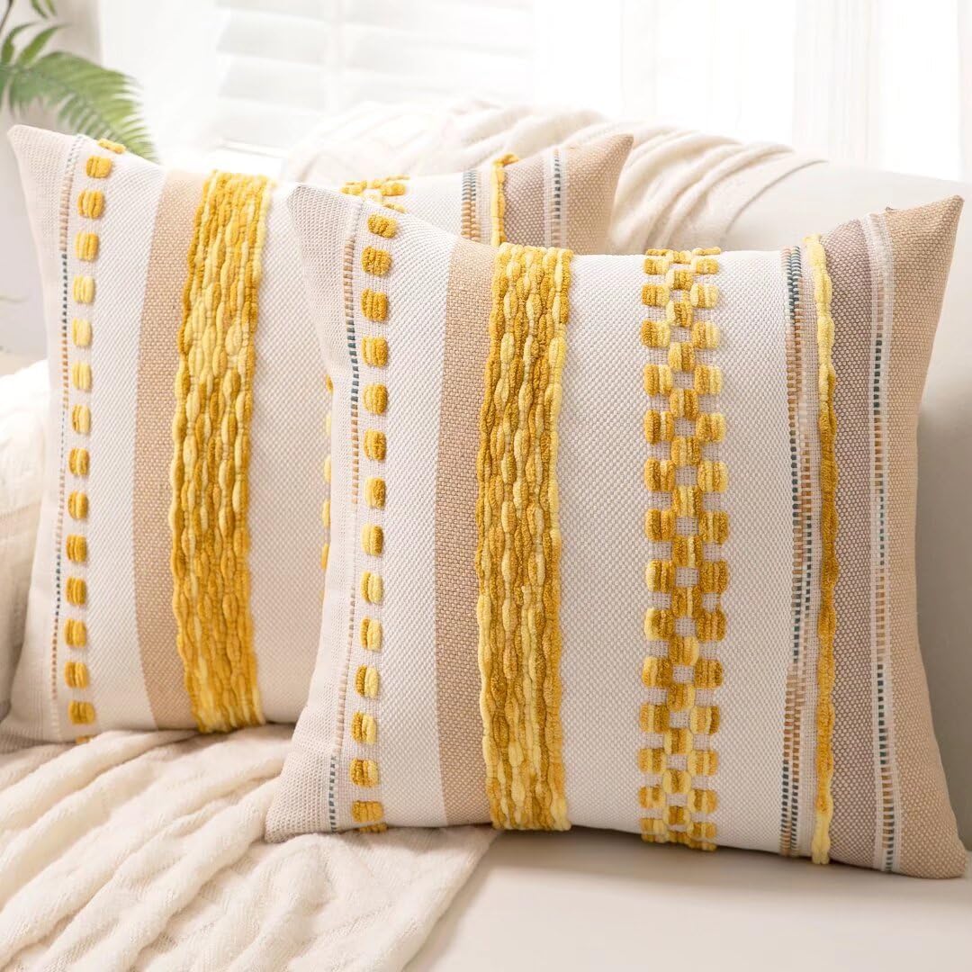 Boho Throw Pillow Covers 18x18 Set of 2 Farmhouse Decorative Cushion Case Striped Square Pillows Cover Chenille Pillow Cases Accent Neutral Pillowcase for Sofa Couch Bed,Sky Blue