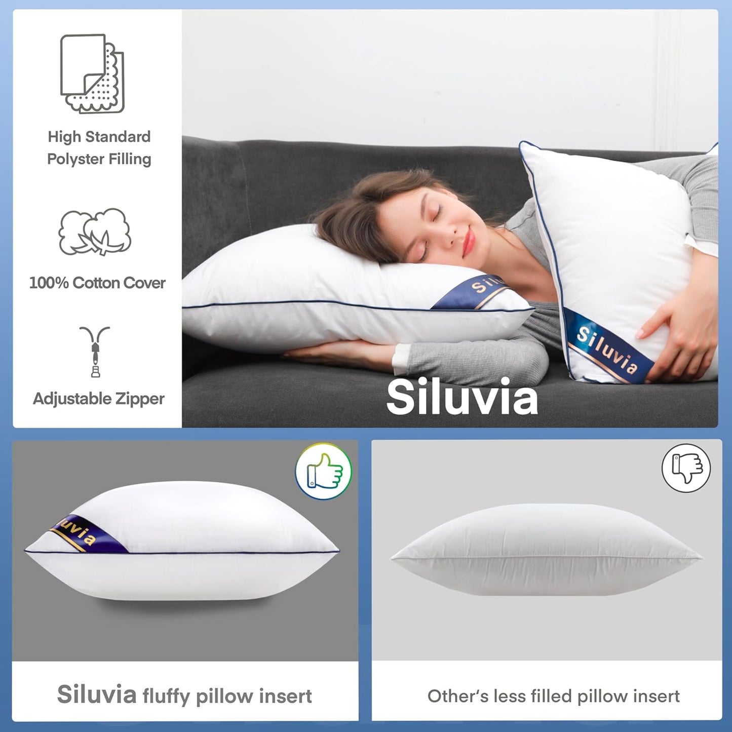 Siluvia 20"x20" Pillow Inserts Set of 2 Decorative Square Square Throw 20 Pillows with 100% Cotton Cover for Sofa, Couch, and Bed - White