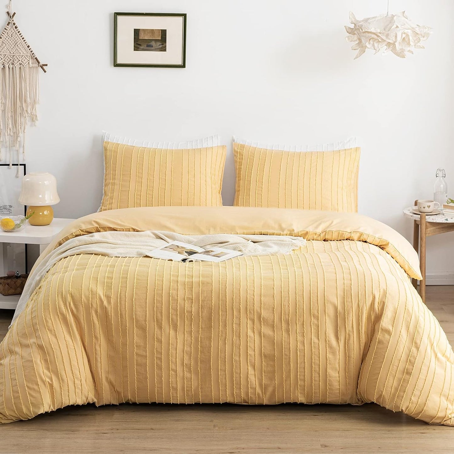 WARMDERN White Boho Duvet Cover Set King Size, Striped Textured Duvet Cover Tufted Bedding Set, 3 Pcs Ultra Soft Washed Microfiber Duvet Cover with Zipper Closure (King, White)