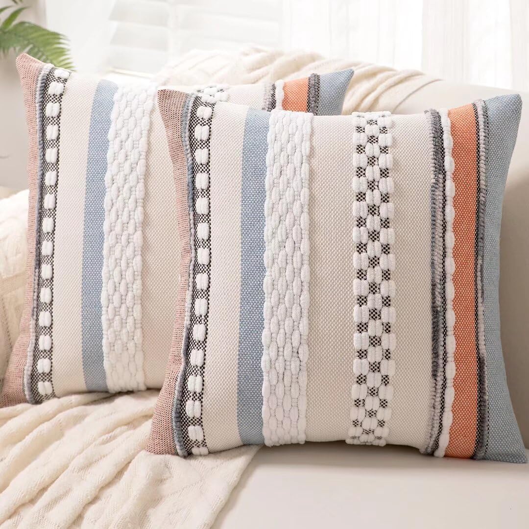 Boho Throw Pillow Covers 18x18 Set of 2 Farmhouse Decorative Cushion Case Striped Square Pillows Cover Chenille Pillow Cases Accent Neutral Pillowcase for Sofa Couch Bed,Sky Blue