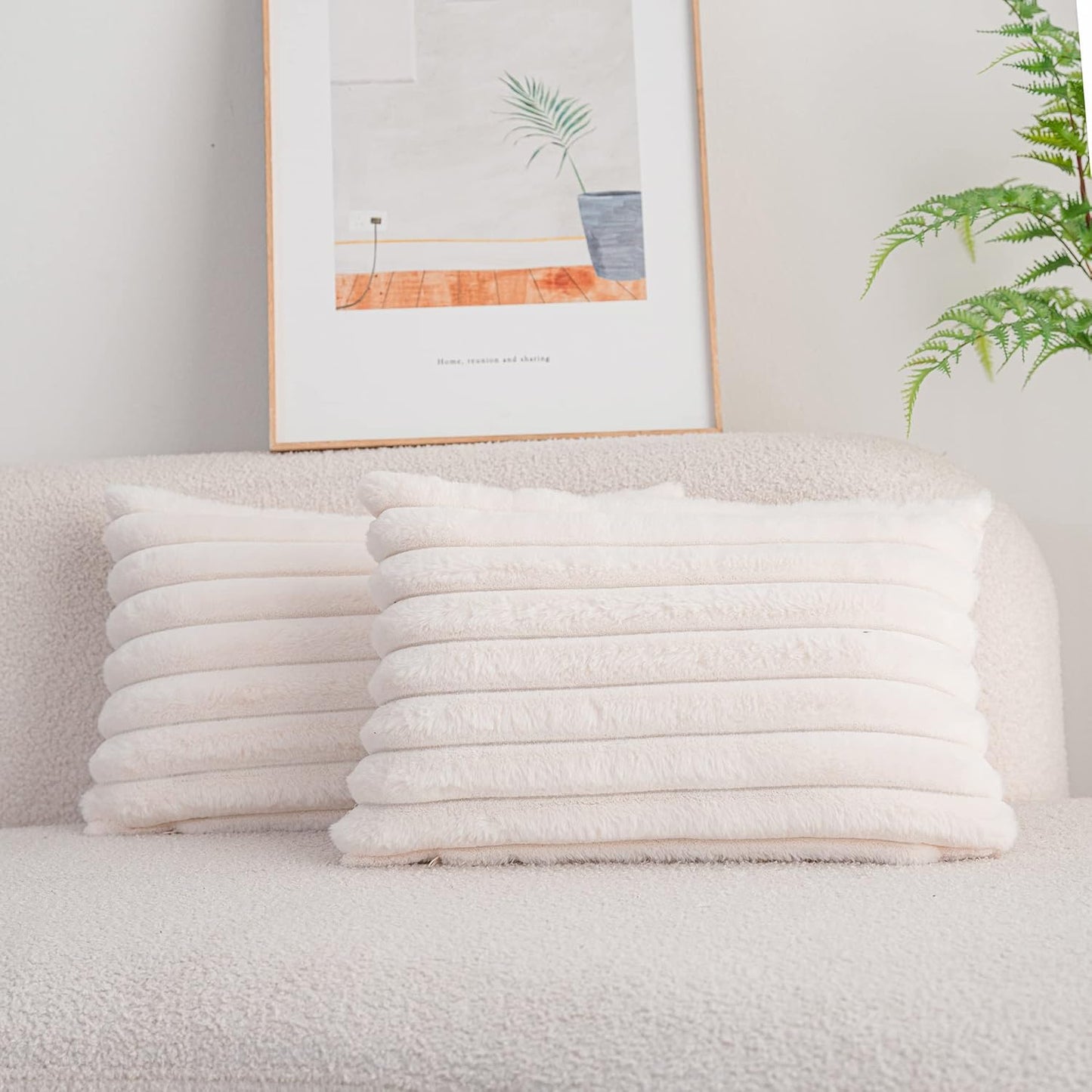 DEELAND Pack of 2,Double-Sided Faux Fur Plush Decorative Throw Pillow Covers Fuzzy Striped Soft Pillowcase Cushion Covers for Sofa Couch Bedroom Home, Cream White