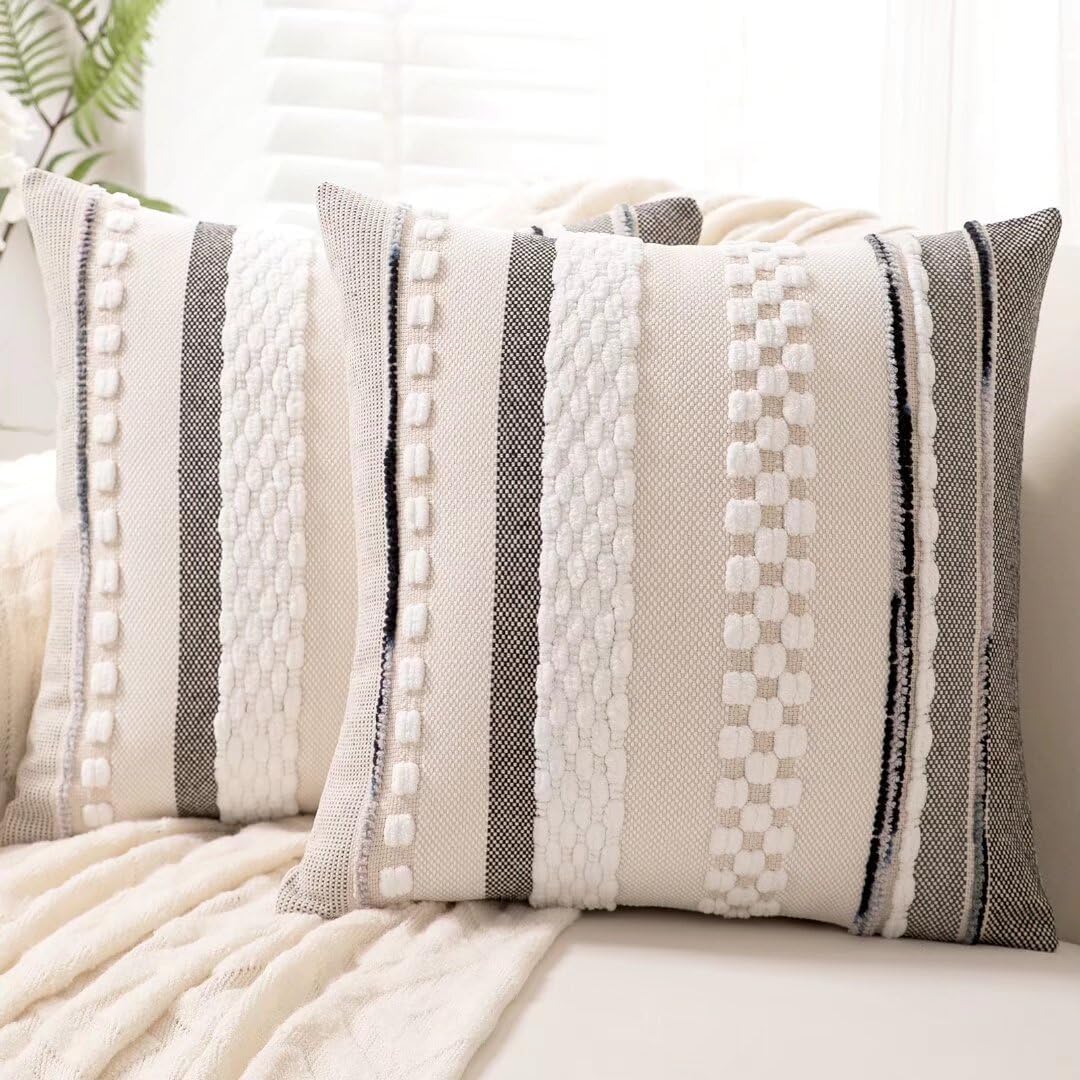 Boho Throw Pillow Covers 18x18 Set of 2 Farmhouse Decorative Cushion Case Striped Square Pillows Cover Chenille Pillow Cases Accent Neutral Pillowcase for Sofa Couch Bed,Sky Blue