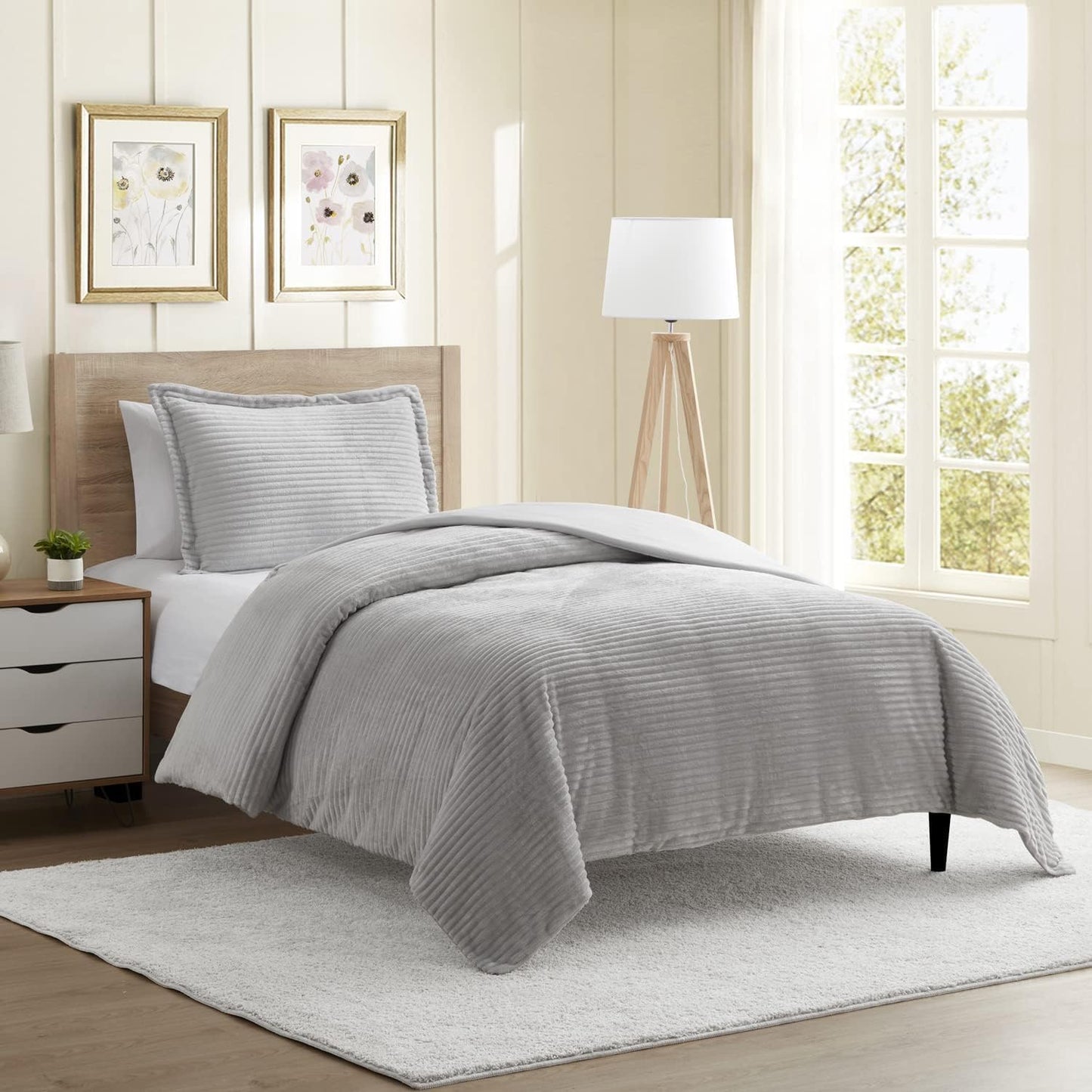 Hearth & Harbor Premium Flannel Duvet Cover Set - 3 PC Reversible Full Comforter Cover Set with Microfiber Back - 1 Velvet Duvet Cover Full & 2 Pillow Shams 80 x 90 inches - Charcoal Gray